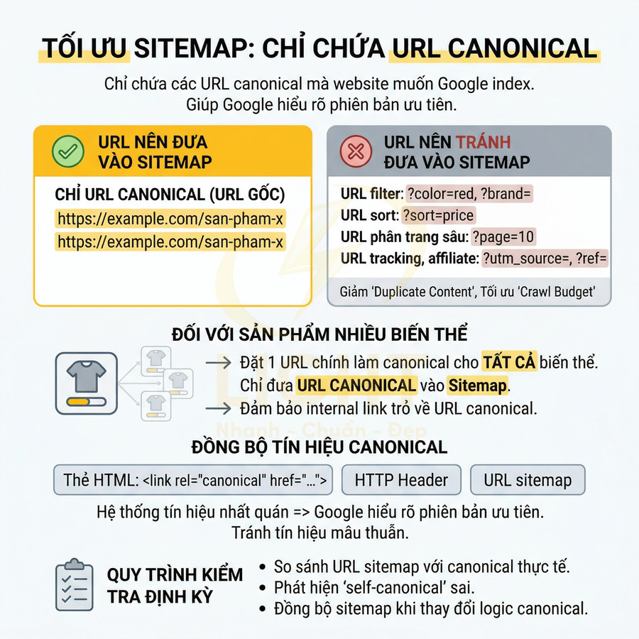 Hướng dẫn tối ưu sitemap chỉ chứa URL canonical cho sản phẩm và cách đồng bộ tín hiệu canonical