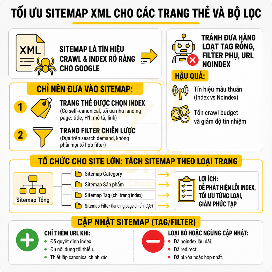 Hướng dẫn tối ưu sitemap XML cho trang thẻ và bộ lọc trong SEO, cách chọn trang index và tổ chức sitemap site lớn