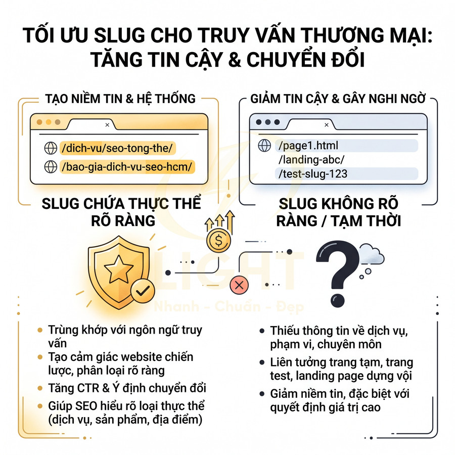 Infographic hướng dẫn tối ưu slug SEO cho truy vấn thương mại, so sánh slug rõ ràng và slug tạm thời