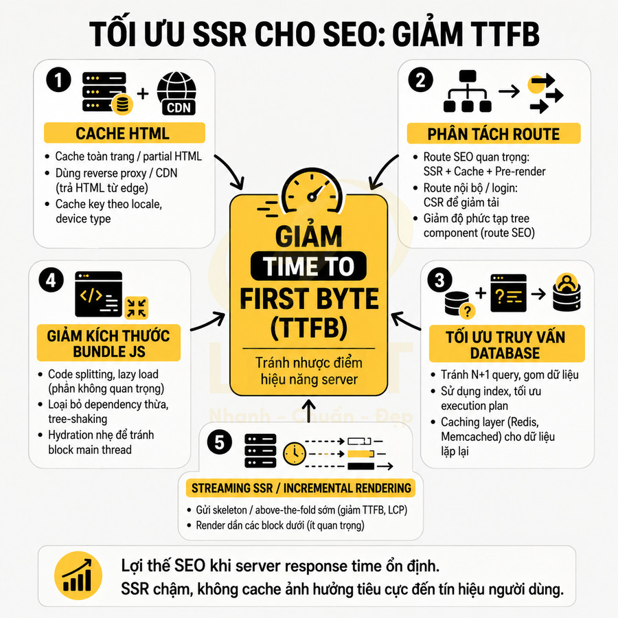 Infographic tối ưu SSR cho SEO với 5 bước giảm TTFB gồm cache HTML, phân tách route, tối ưu truy vấn database, giảm bundle JS