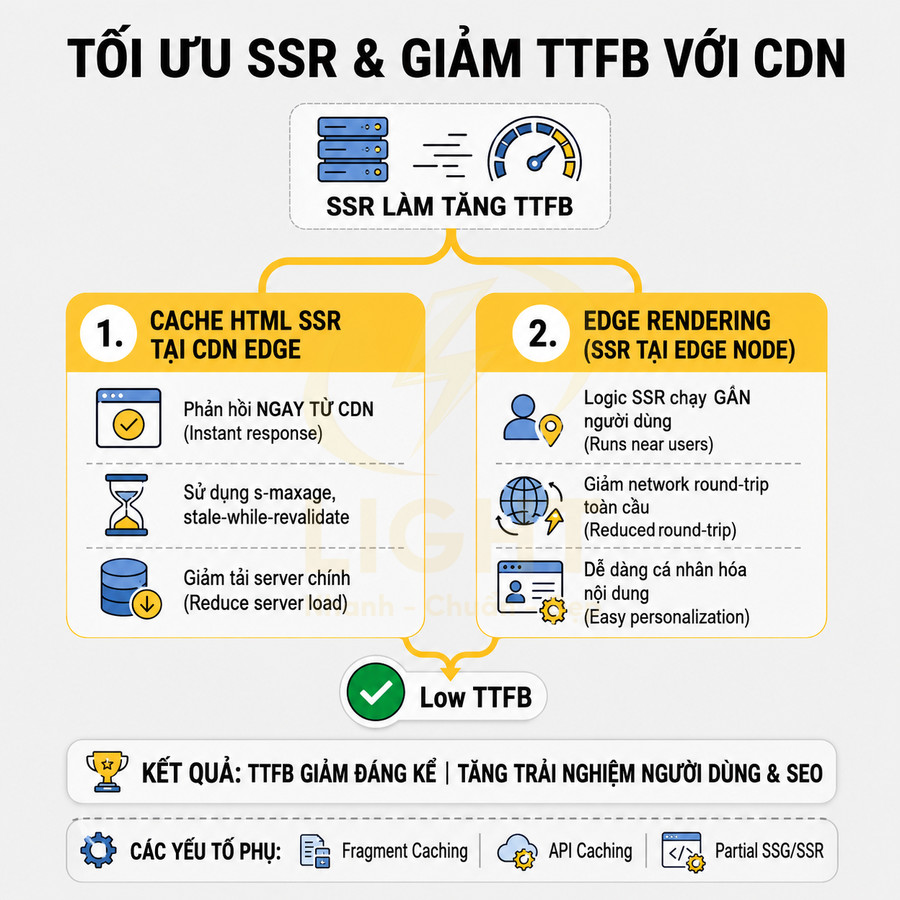 Infographic tối ưu SSR và giảm TTFB với CDN bằng cache HTML tại CDN edge và edge rendering