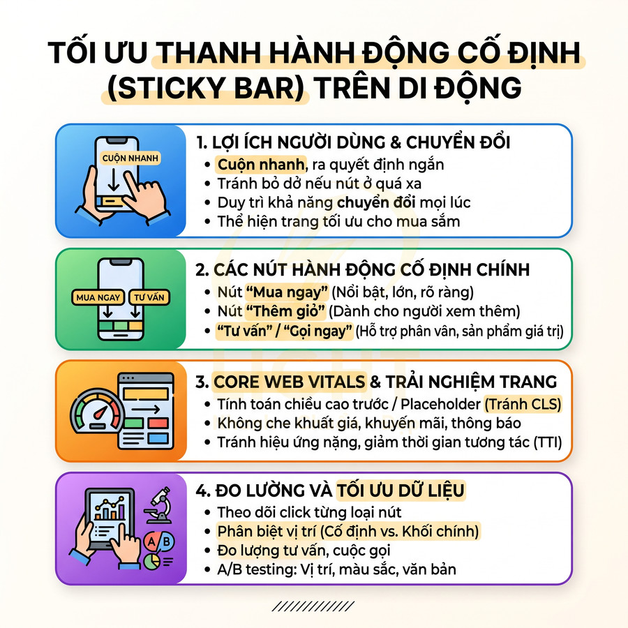 Infographic tối ưu thanh hành động cố định sticky bar trên di động với lợi ích, nút CTA, Core Web Vitals và đo lường dữ liệu