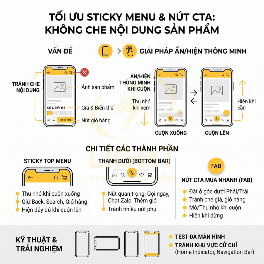 Infographic tối ưu sticky menu và nút CTA trên giao diện mua sắm mobile để không che nội dung sản phẩm