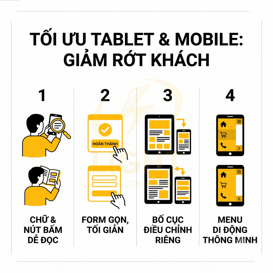 Hướng dẫn tối ưu giao diện tablet và mobile với chữ dễ đọc, form gọn, bố cục riêng và menu di động thông minh