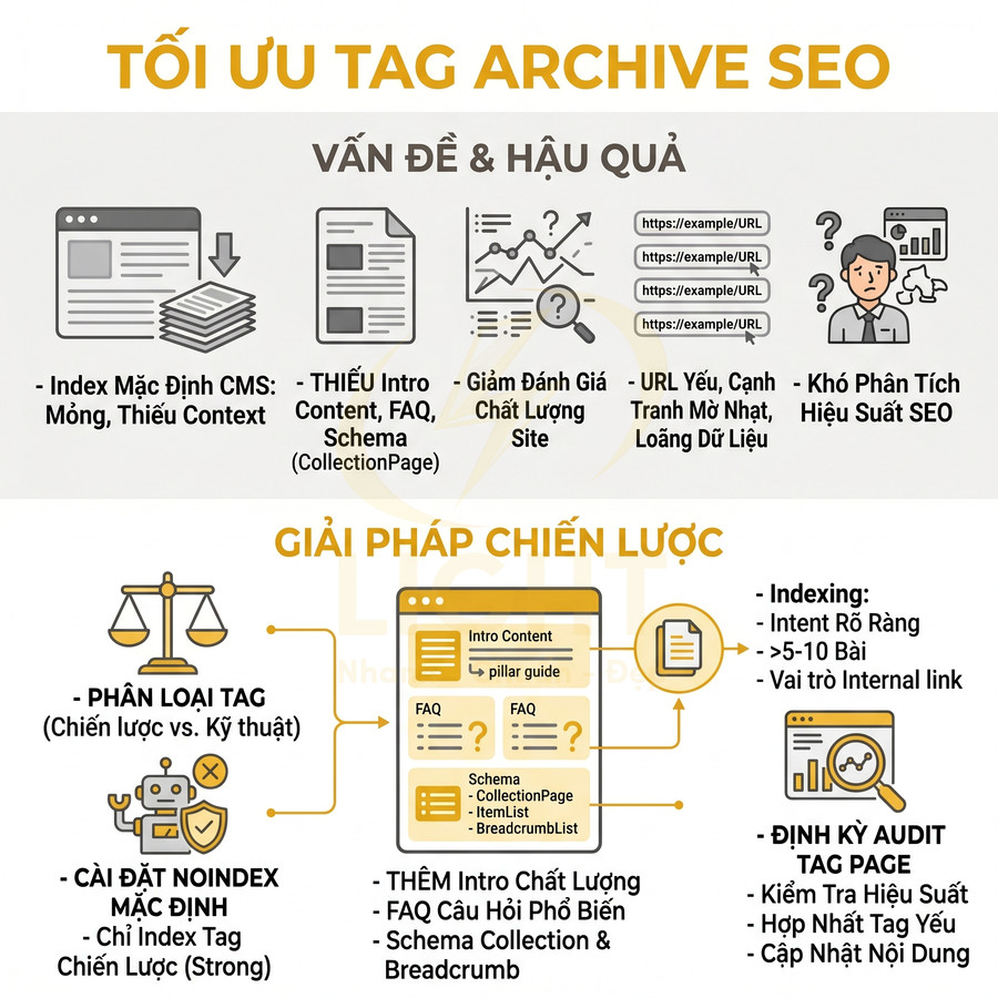 Infographic hướng dẫn tối ưu tag archive SEO với các vấn đề thường gặp và giải pháp chiến lược chi tiết