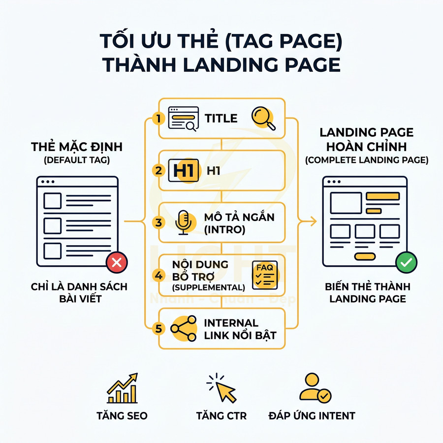 Hướng dẫn tối ưu thẻ tag page thành landing page hoàn chỉnh với title H1 mô tả nội dung bổ trợ và internal link