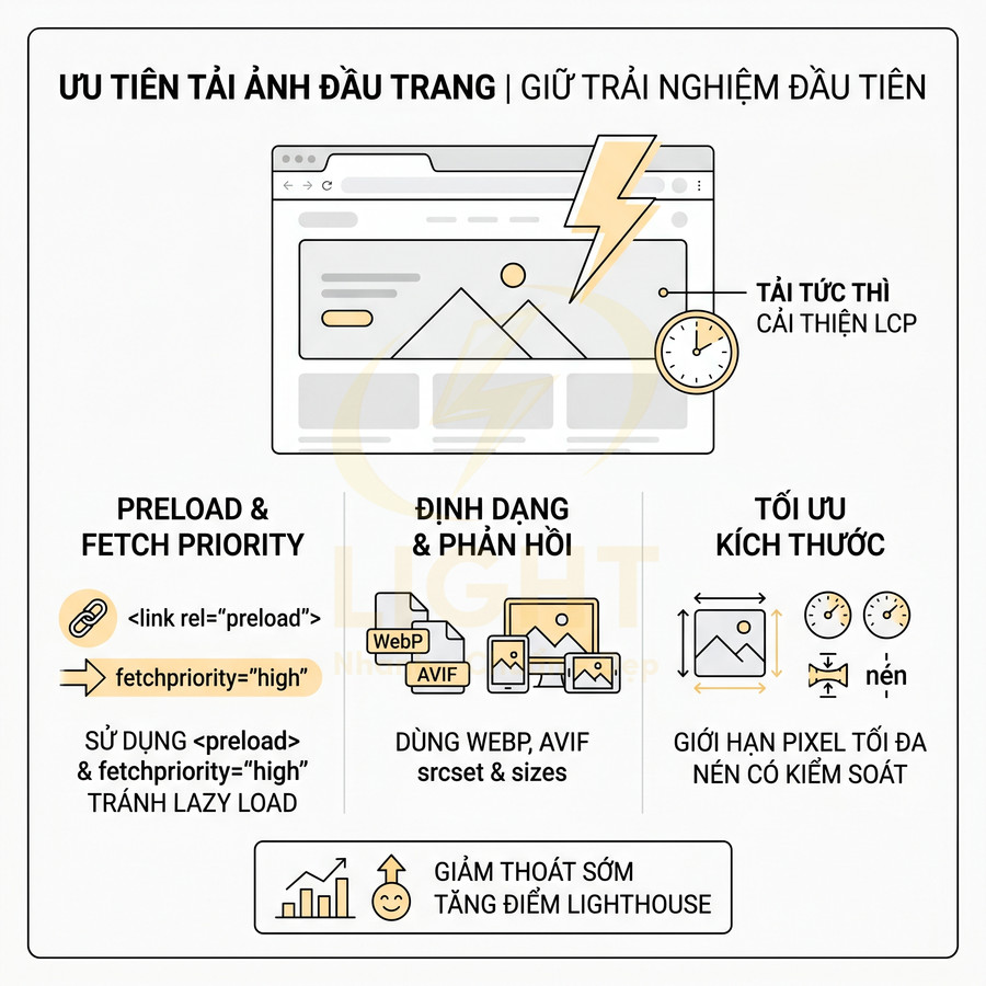 Hướng dẫn tối ưu tải ảnh đầu trang với preload, WebP AVIF, giới hạn kích thước và cải thiện điểm Lighthouse