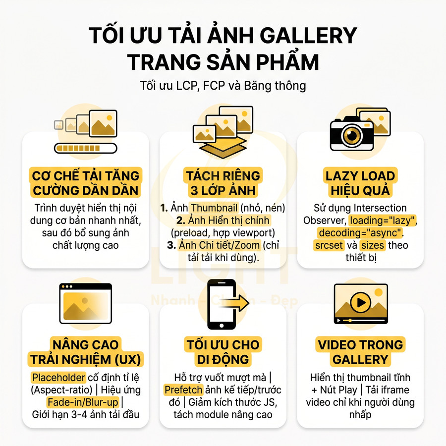 Infographic tối ưu tải ảnh gallery trang sản phẩm với cơ chế tải dần, lazy load và tối ưu cho di động
