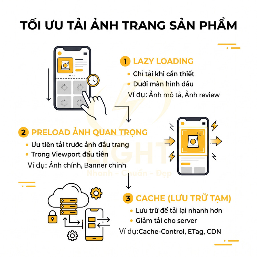 Hướng dẫn tối ưu tải ảnh trang sản phẩm với lazy loading preload ảnh quan trọng và cache lưu trữ tạm thời
