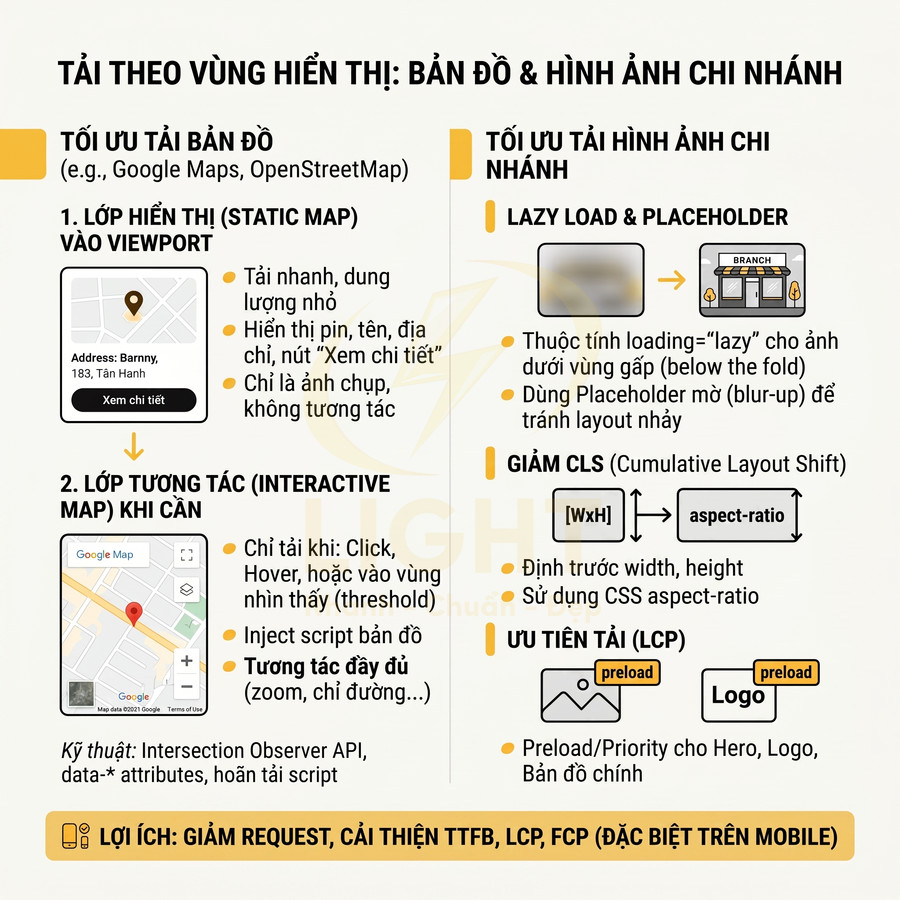 Hướng dẫn tối ưu tải bản đồ Google Maps và hình ảnh chi nhánh với lazy load, placeholder và giảm CLS