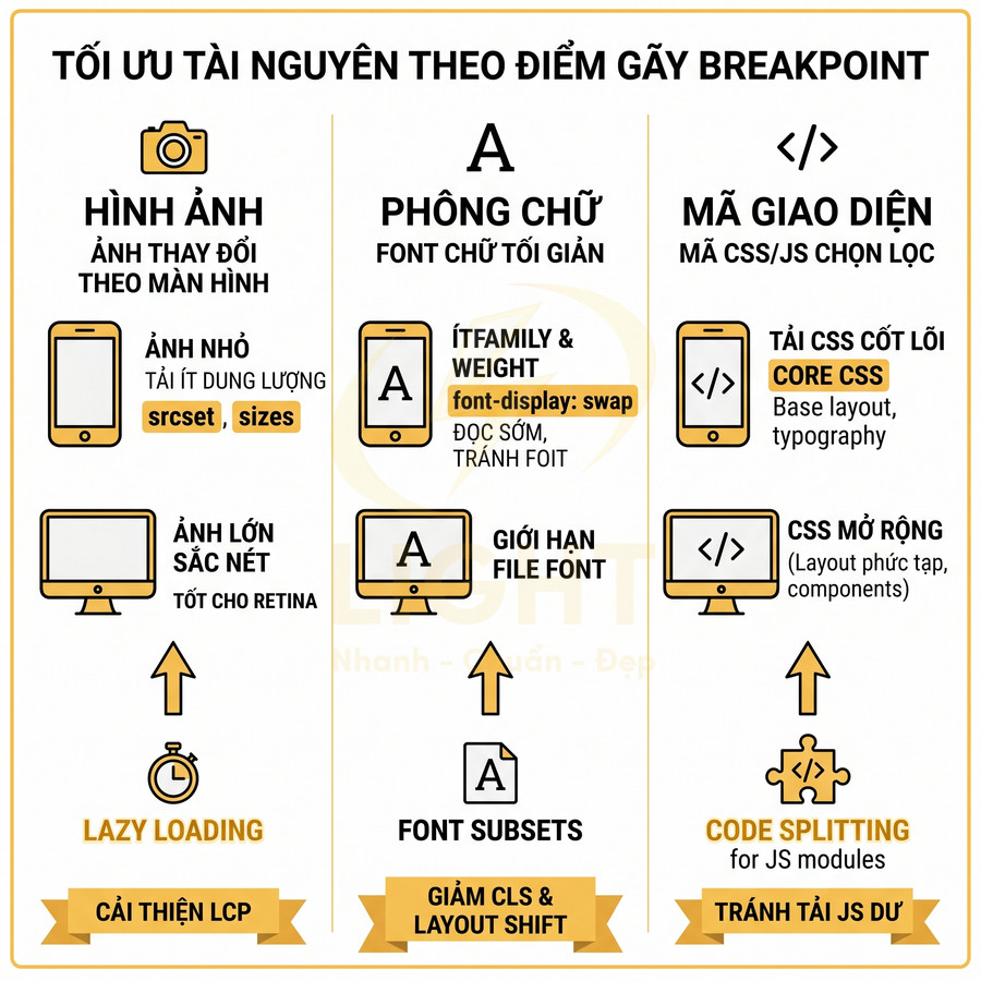 Infographic tối ưu tài nguyên web theo breakpoint với hình ảnh, phông chữ và mã giao diện CSS JS