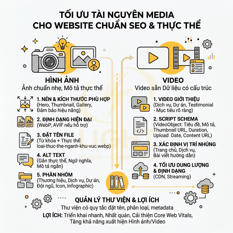 Infographic tối ưu hình ảnh và video cho website chuẩn SEO với hướng dẫn nén, định dạng, đặt tên file và quản lý thư viện media