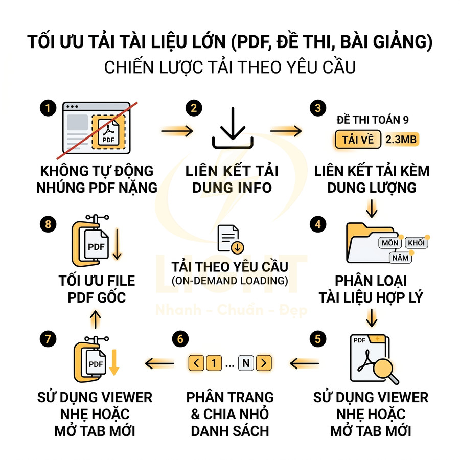 Infographic tối ưu tải tài liệu PDF lớn với chiến lược tải theo yêu cầu và các bước thực hiện chi tiết