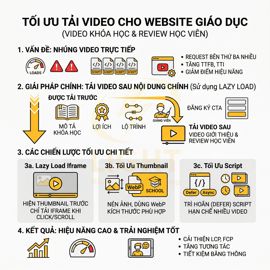 Infographic tối ưu tải video cho website giáo dục với giải pháp lazy load, tối ưu thumbnail và script để tăng hiệu năng