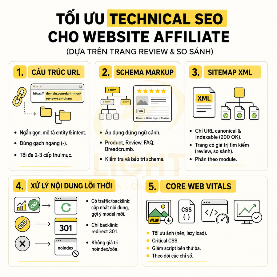 Infographic hướng dẫn tối ưu technical SEO cho website affiliate với 5 bước chi tiết và minh họa trực quan