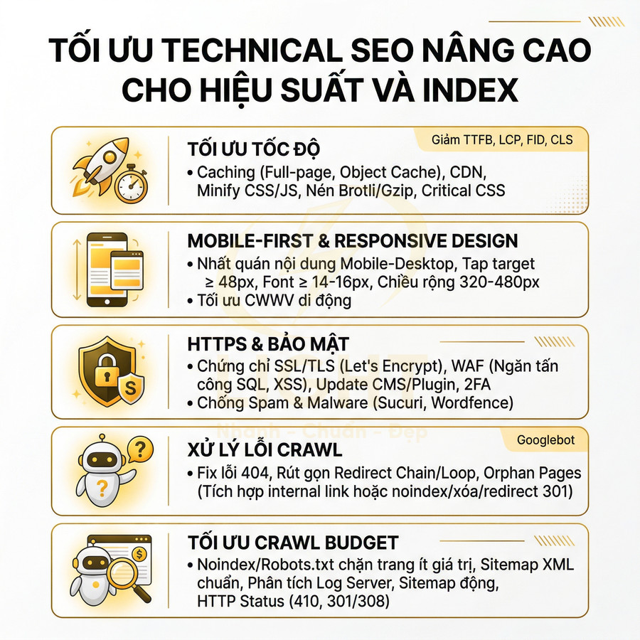 Checklist tối ưu technical SEO nâng cao với các bước tăng tốc độ, mobile first, bảo mật HTTPS, xử lý lỗi crawl và tối ưu crawl budget