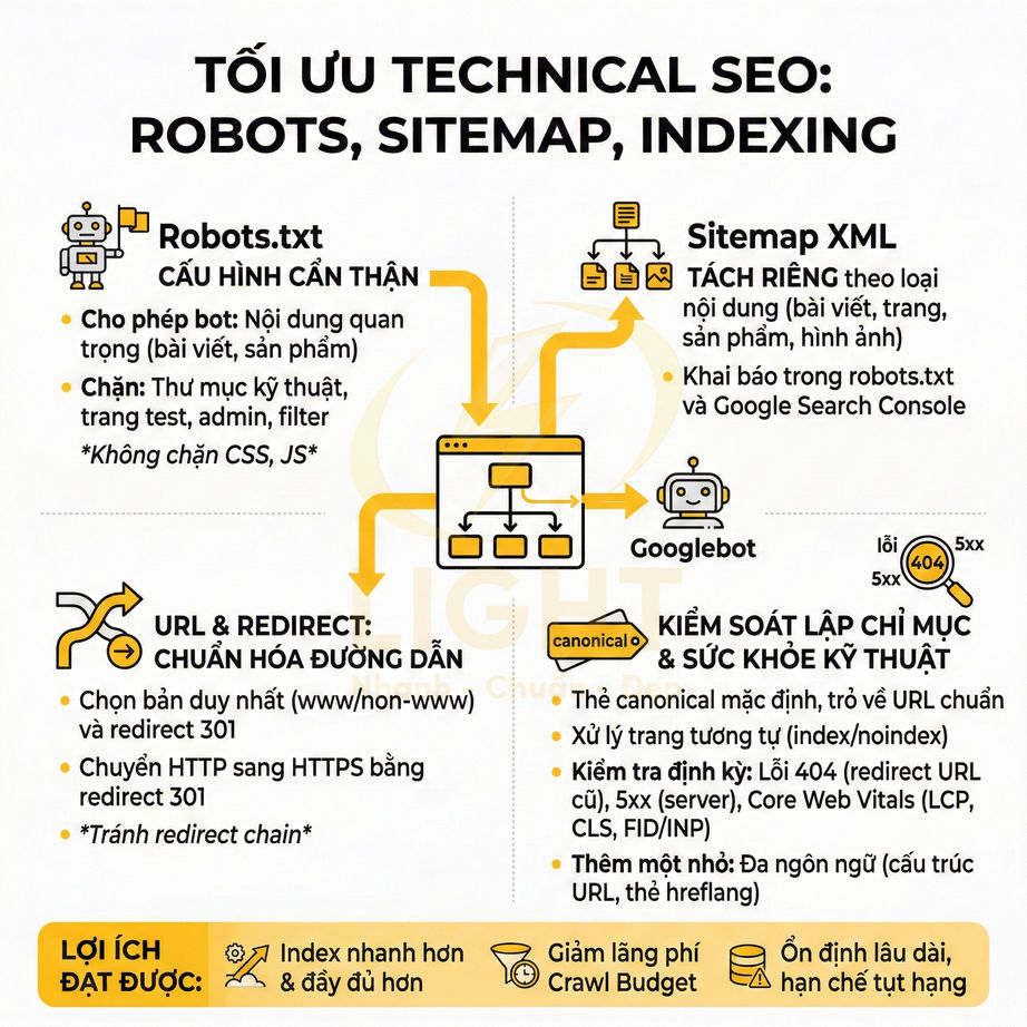 Hướng dẫn tối ưu technical SEO với robots.txt, sitemap XML, URL redirect và kiểm soát lập chỉ mục website