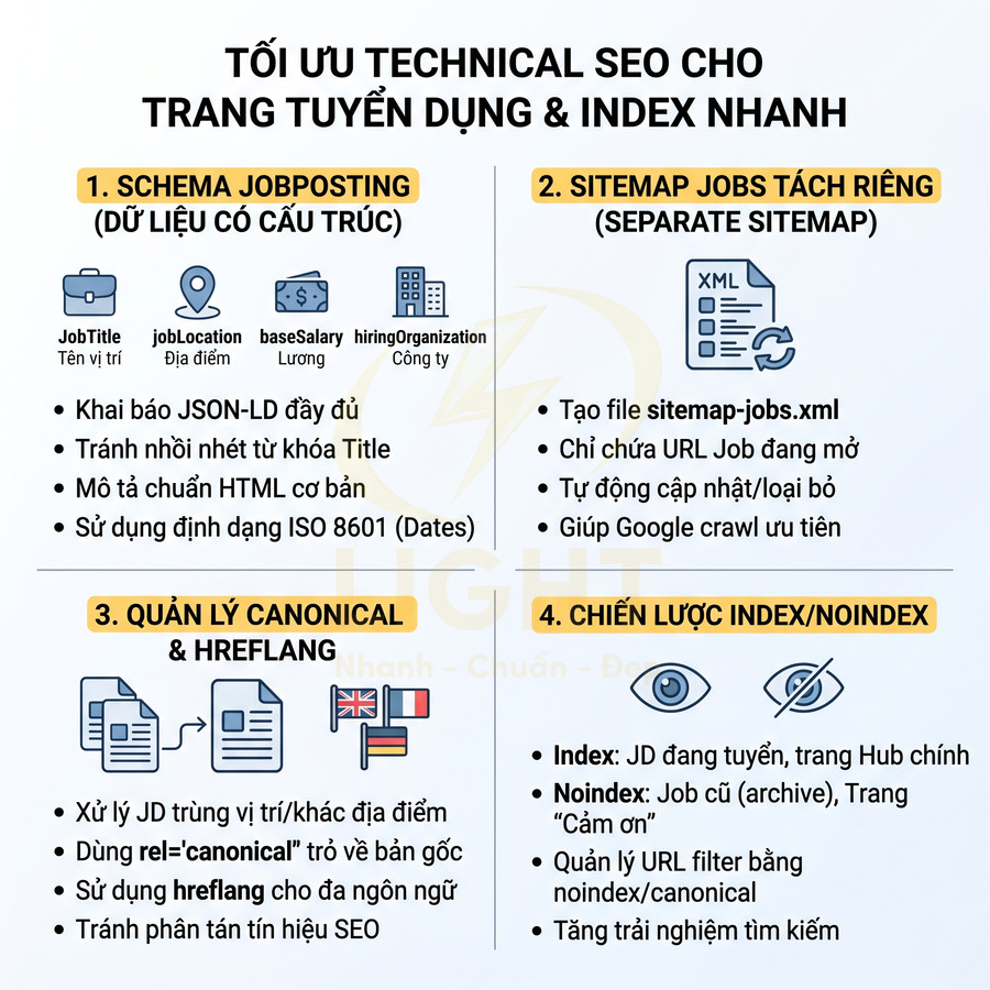 Hướng dẫn tối ưu technical SEO cho trang tuyển dụng với schema jobposting, sitemap jobs, canonical hreflang và chiến lược index