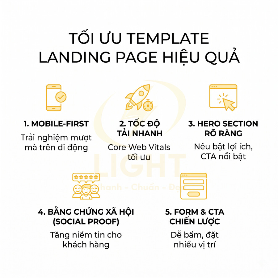 Checklist tối ưu template landing page với 5 yếu tố mobile first, tốc độ tải nhanh, hero section, social proof, form và CTA