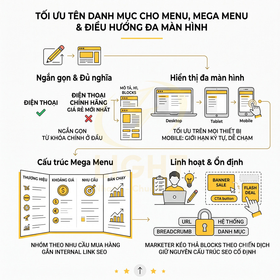 Infographic hướng dẫn tối ưu tên danh mục cho menu, mega menu và điều hướng đa màn hình chuẩn SEO