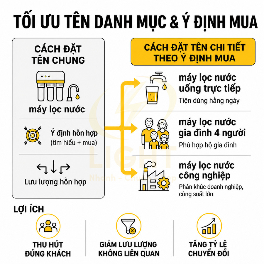 Infographic tối ưu tên danh mục máy lọc nước theo ý định mua và lợi ích thu hút đúng khách, tăng tỷ lệ chuyển đổi