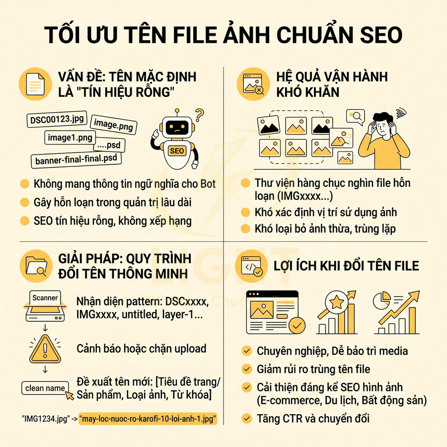 Hướng dẫn tối ưu tên file ảnh chuẩn SEO với quy trình đổi tên thông minh và lợi ích cho quản trị website