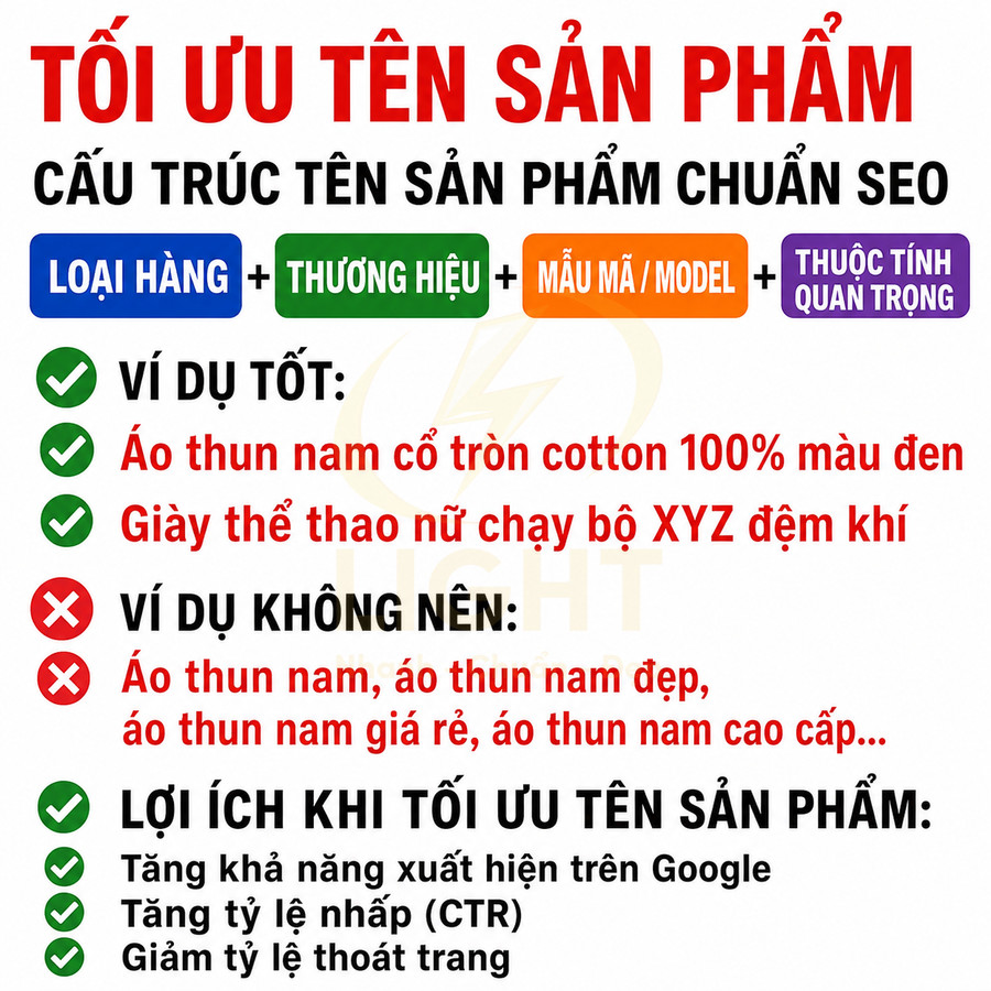 Hướng dẫn tối ưu tên sản phẩm chuẩn SEO với ví dụ áo thun nam và giày thể thao nữ