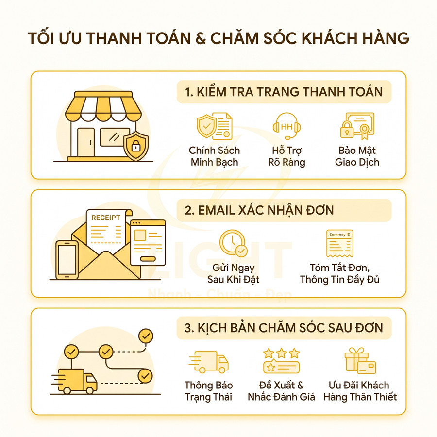 Infographic tối ưu thanh toán và chăm sóc khách hàng với kiểm tra trang thanh toán, email xác nhận đơn và kịch bản chăm sóc sau đơn