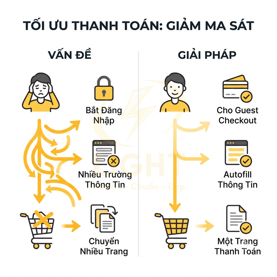 Mô tả quy trình tối ưu thanh toán online, so sánh vấn đề và giải pháp giảm ma sát khi mua hàng