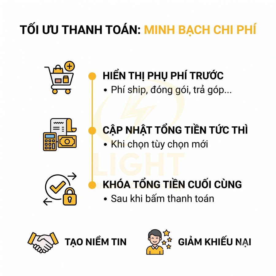 Banner tối ưu thanh toán minh bạch chi phí với hiển thị phụ phí, cập nhật tổng tiền và khóa tổng tiền cuối cùng