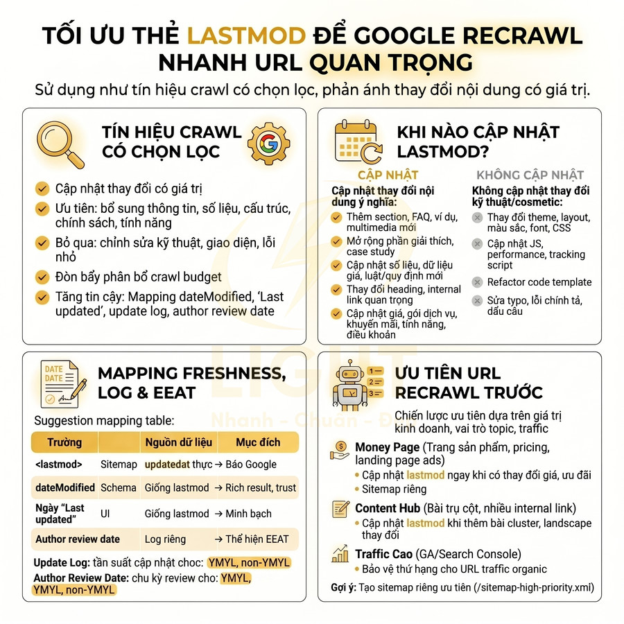 Infographic hướng dẫn tối ưu thẻ lastmod để Google recrawl nhanh các URL quan trọng trong SEO