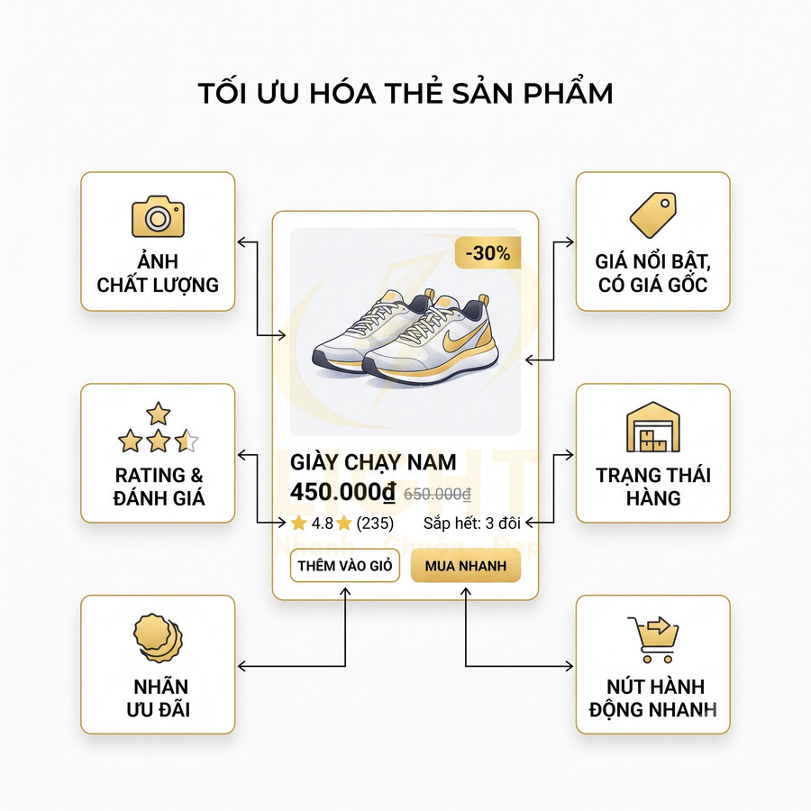 Thẻ sản phẩm giày chạy nam màu trắng vàng giảm giá 30 phần trăm với giá, đánh giá và nút mua nhanh