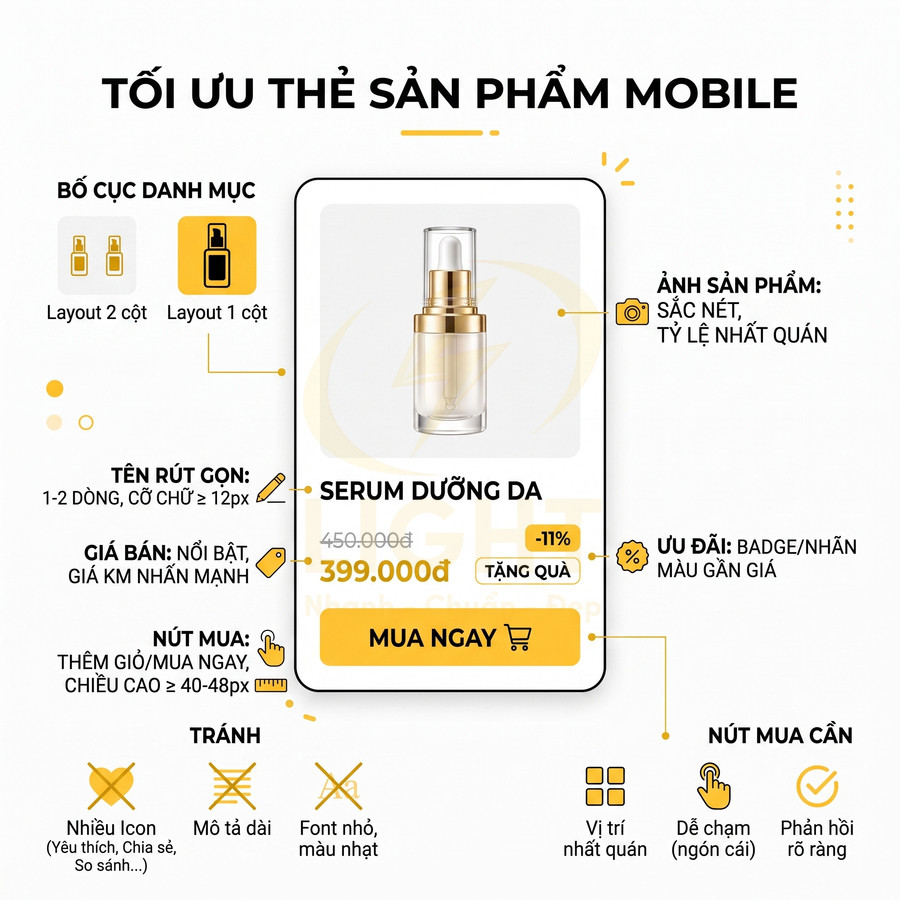 Mẫu giao diện thẻ sản phẩm mobile cho serum dưỡng da với chai serum vàng và nút mua ngay nổi bật
