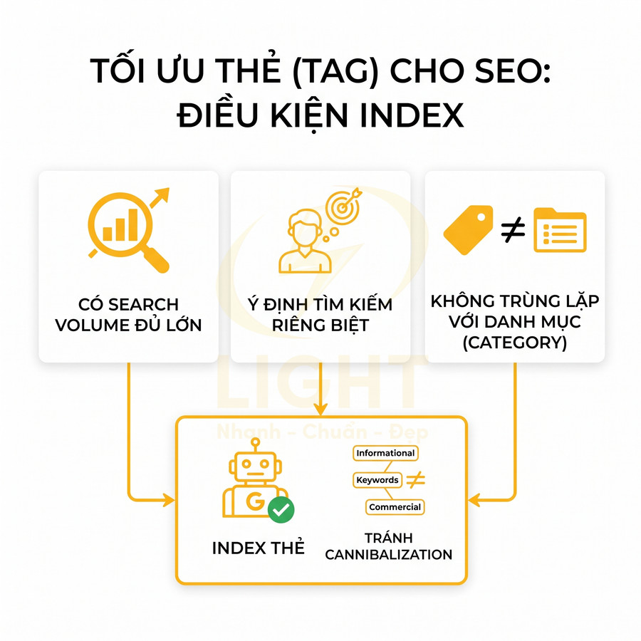 Sơ đồ điều kiện index thẻ tag cho SEO gồm search volume lớn, ý định tìm kiếm riêng và không trùng danh mục
