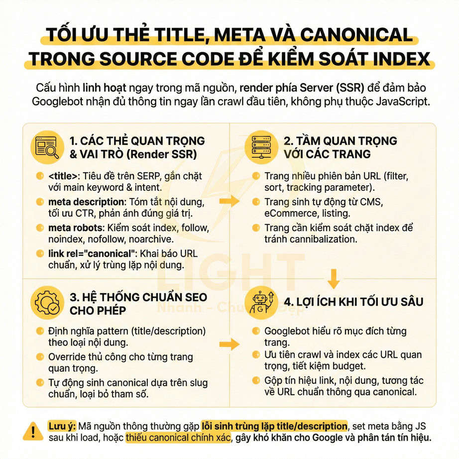 Hướng dẫn tối ưu thẻ title, meta, canonical trong source code để kiểm soát index và cải thiện SEO website