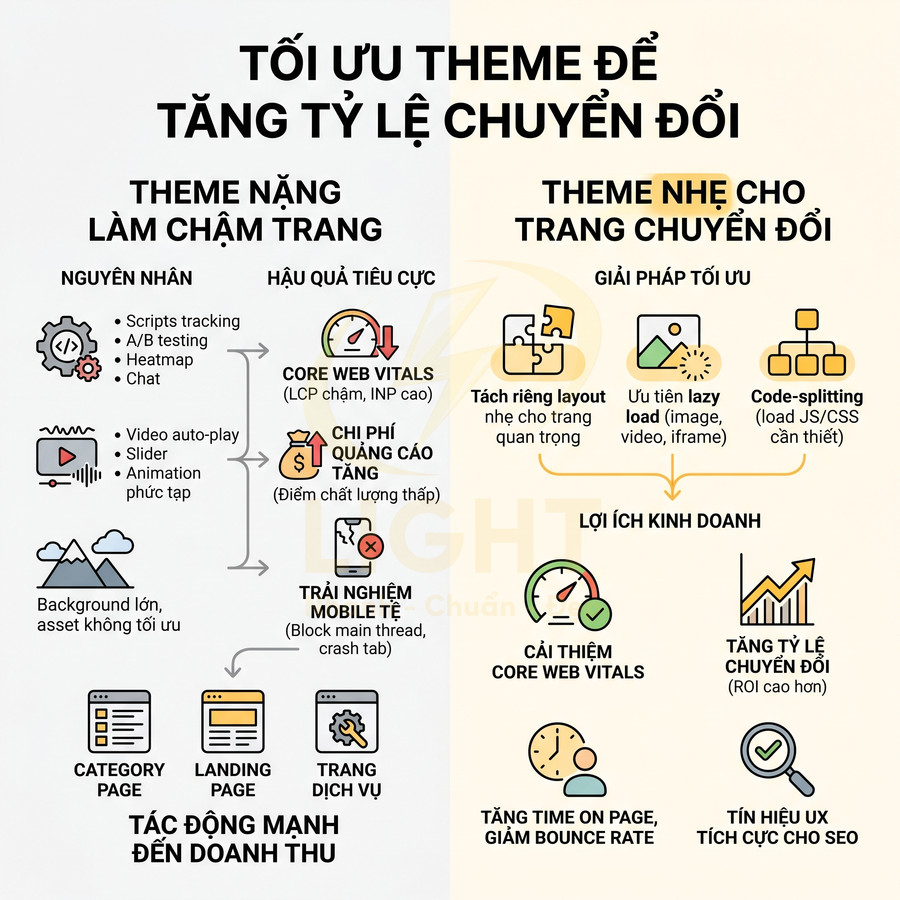 Infographic tối ưu theme nhẹ cho website để cải thiện Core Web Vitals và tăng tỷ lệ chuyển đổi bán hàng