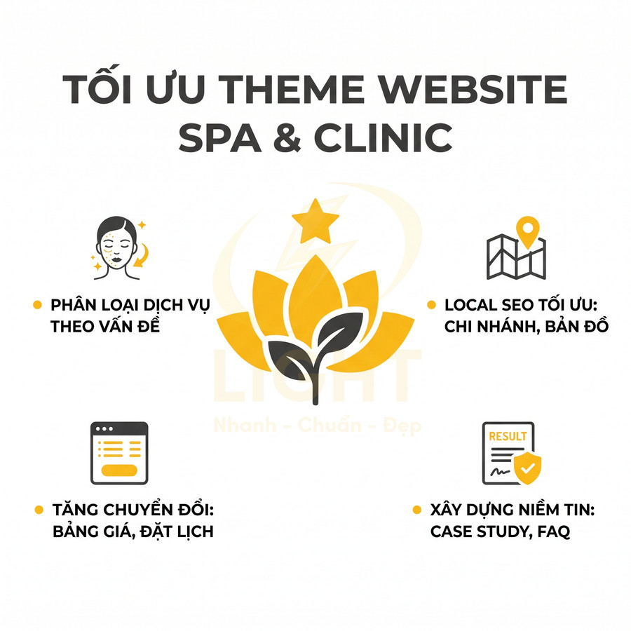 Thiết kế theme website spa clinic với phân loại dịch vụ, local SEO, tăng chuyển đổi và xây dựng niềm tin