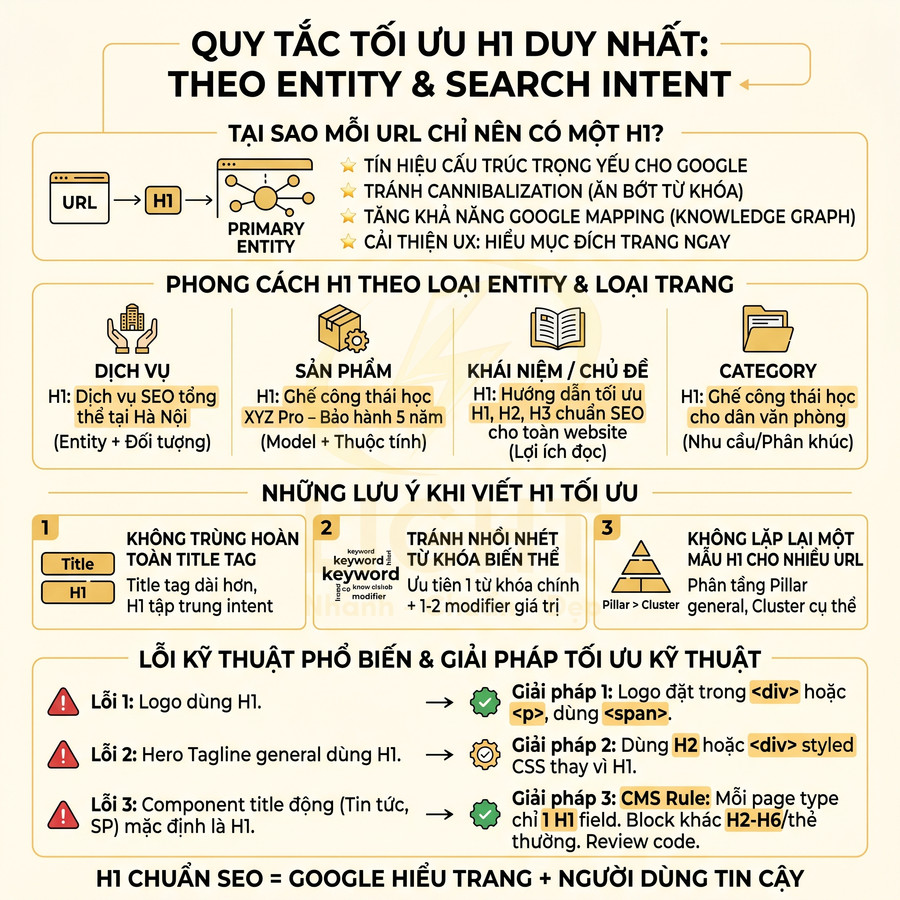 Quy tắc tối ưu thẻ H1 chuẩn SEO theo entity và search intent, hướng dẫn cách viết H1 cho dịch vụ, sản phẩm, chủ đề