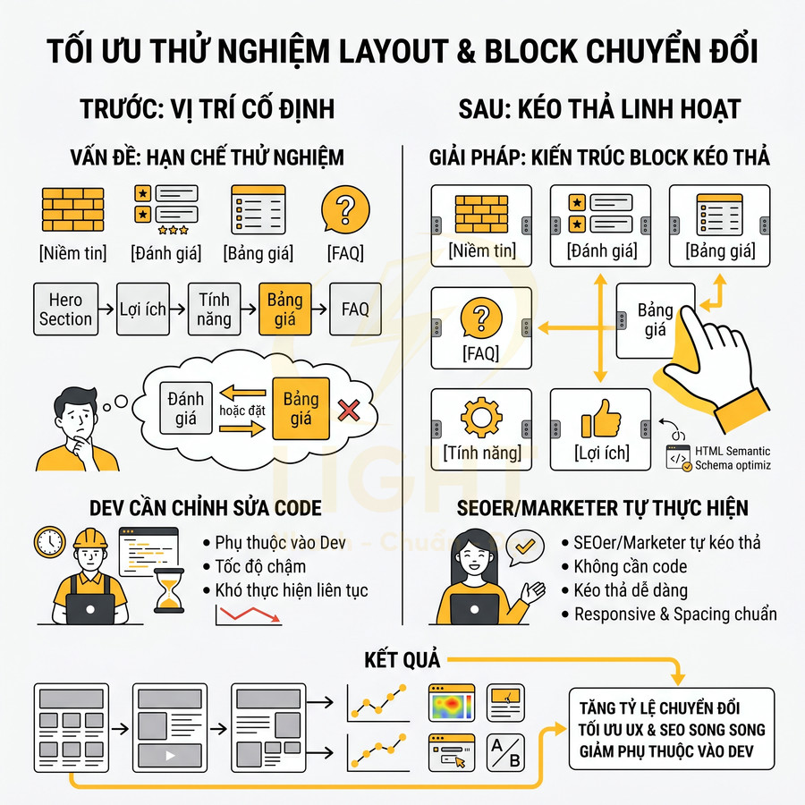 Infographic tối ưu thử nghiệm layout và block chuyển đổi với giải pháp kéo thả linh hoạt cho SEOer và marketer