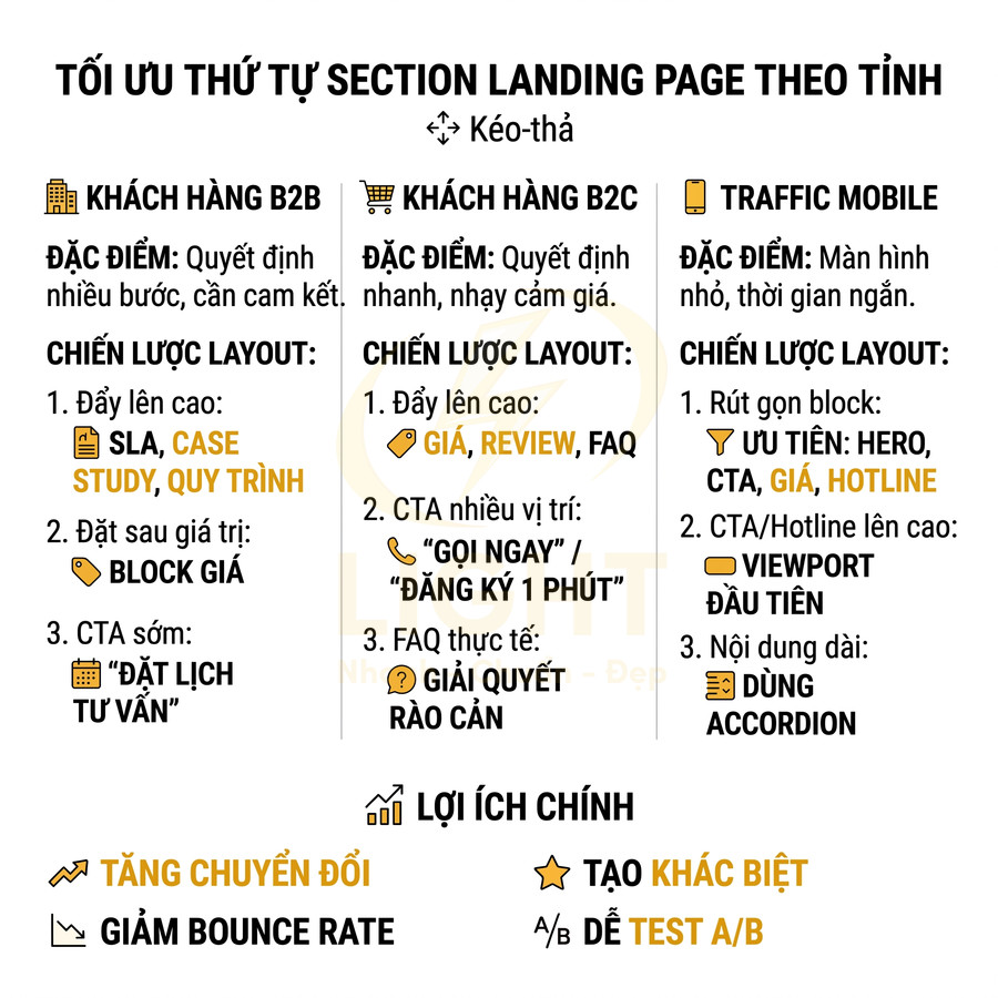 Hướng dẫn tối ưu thứ tự section landing page theo từng nhóm khách hàng B2B, B2C và traffic mobile