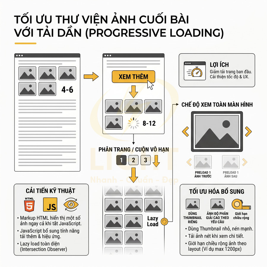 Minh họa tối ưu thư viện ảnh cuối bài với tải dần progressive loading và lazy load trên website