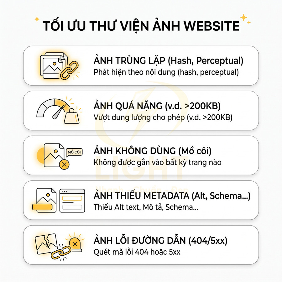 Infographic tối ưu thư viện ảnh website với các lỗi ảnh trùng lặp, quá nặng, không dùng, thiếu metadata, lỗi đường dẫn
