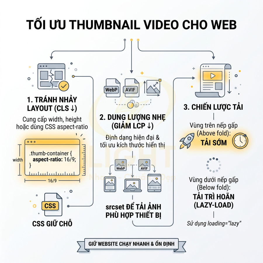 Infographic tối ưu thumbnail video cho web với 3 bước tránh nhảy layout, giảm dung lượng và chiến lược tải ảnh