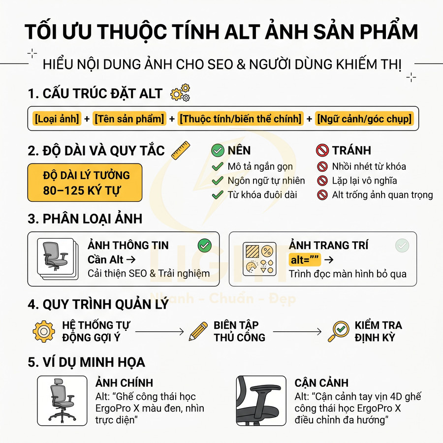 Hướng dẫn tối ưu thẻ alt ảnh sản phẩm cho SEO và người dùng khiếm thị bằng ví dụ ghế công thái học
