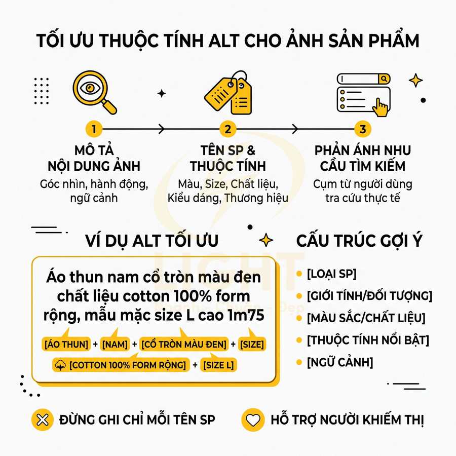 Hướng dẫn tối ưu thẻ alt cho ảnh sản phẩm với ví dụ mô tả áo thun nam và cấu trúc gợi ý chi tiết