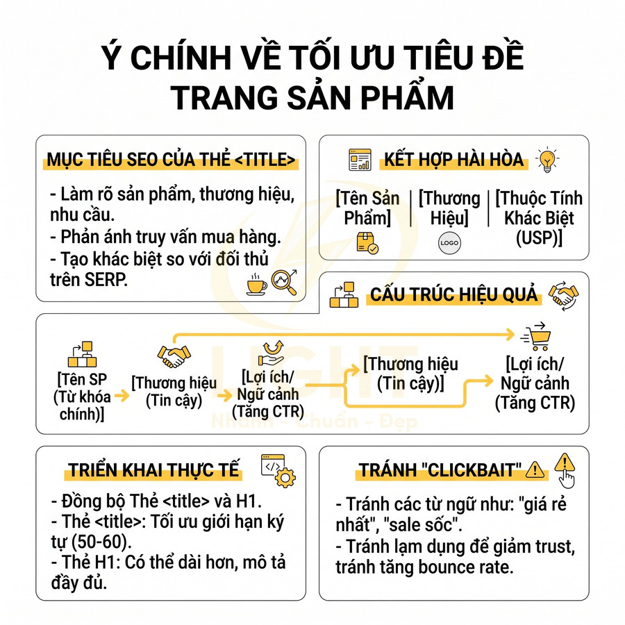 Infographic hướng dẫn tối ưu tiêu đề trang sản phẩm cho SEO với mục tiêu, cấu trúc và lưu ý tránh clickbait