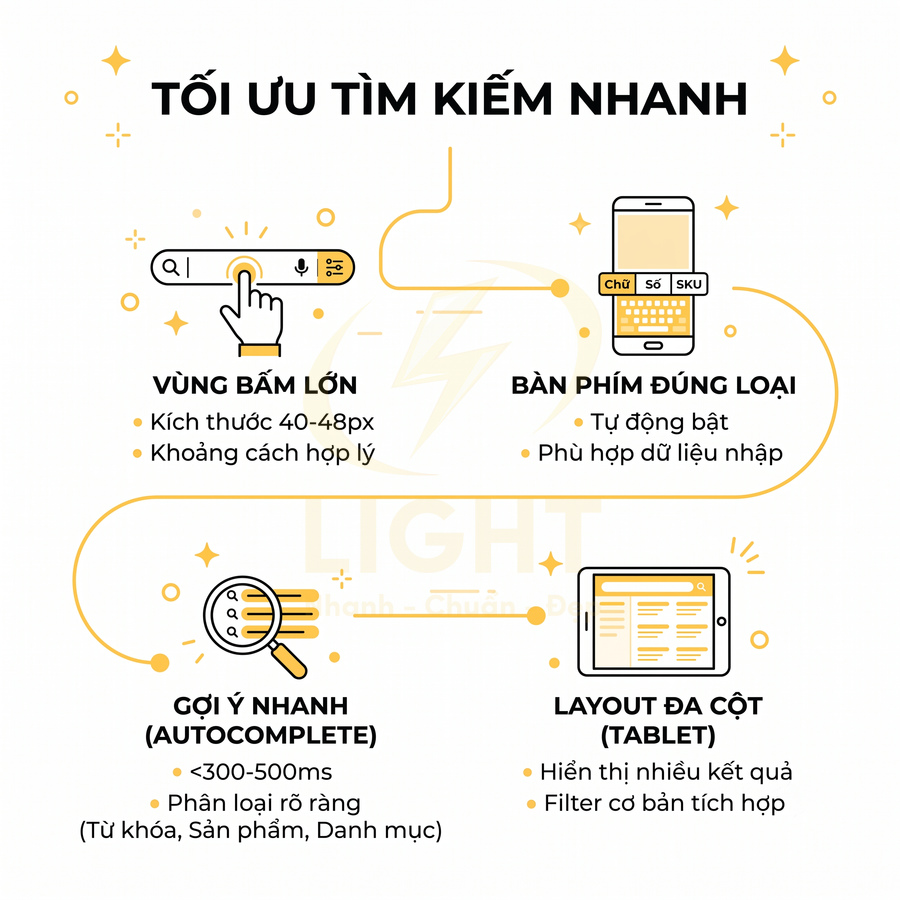 Hướng dẫn tối ưu tính năng tìm kiếm nhanh trên website với vùng bấm lớn, gợi ý nhanh và layout đa cột trên mobile, tablet
