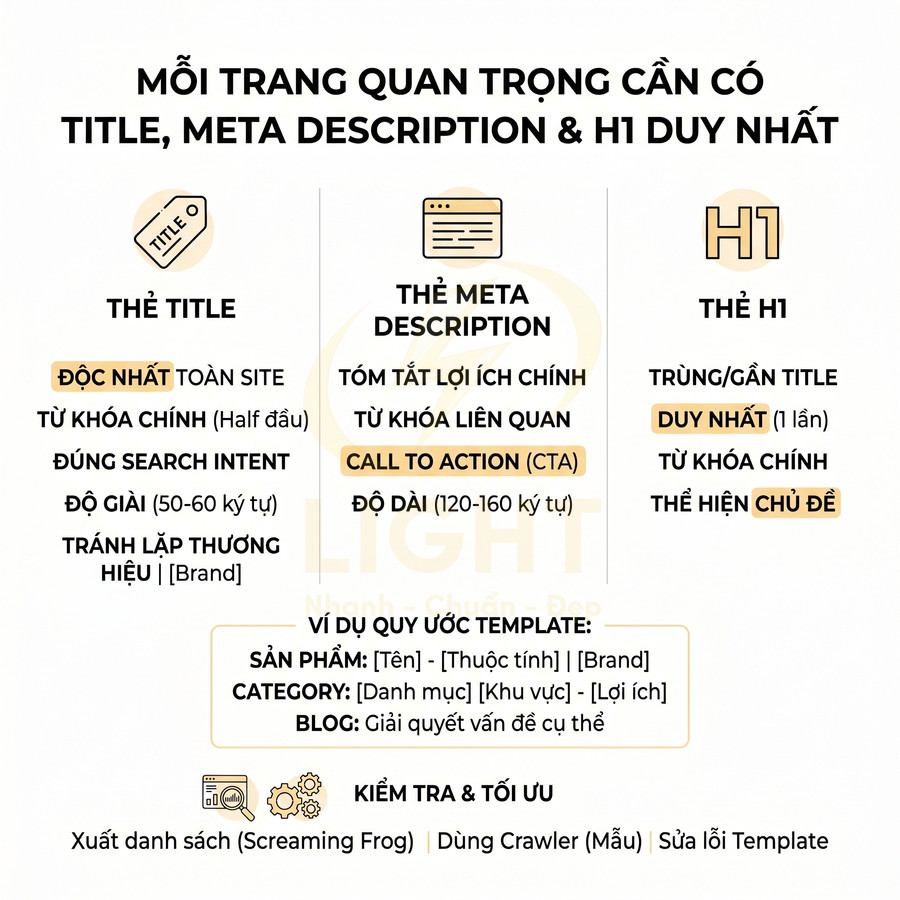 Hướng dẫn tối ưu SEO cho từng trang với title, meta description và thẻ H1 duy nhất
