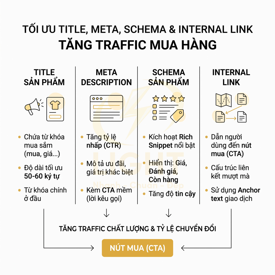 Hướng dẫn tối ưu title, meta description, schema và internal link để tăng traffic và tỉ lệ mua hàng cho sản phẩm