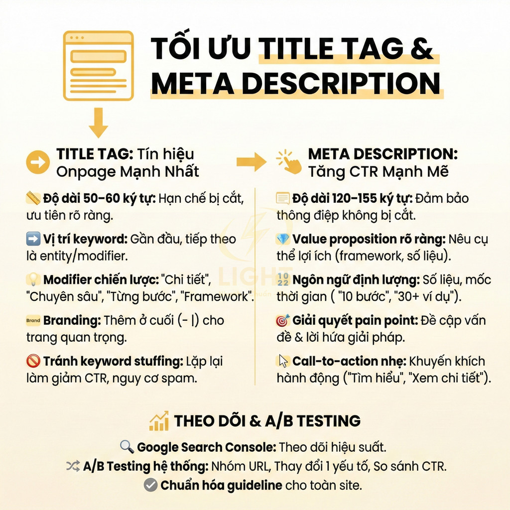 Hướng dẫn tối ưu title tag và meta description chuẩn SEO với độ dài, vị trí từ khóa và A/B testing